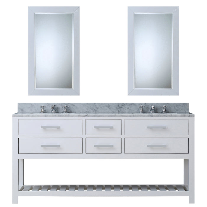 72 Inch Brayden Pure White Double Sink Vanity with Carrara White Marble Countertop - Chrome Hardware & Mirrors