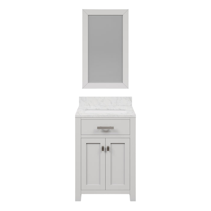 24 Inch Chara Pure White Carrara Single Bathroom Vanity Set With Matching framed Mirror and Chrome Hardware