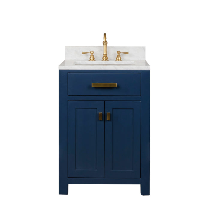 24-Inch Manchester Carrara White Marble Single Sink Bathroom Vanity - Monarch Blue with Satin Gold Hardware