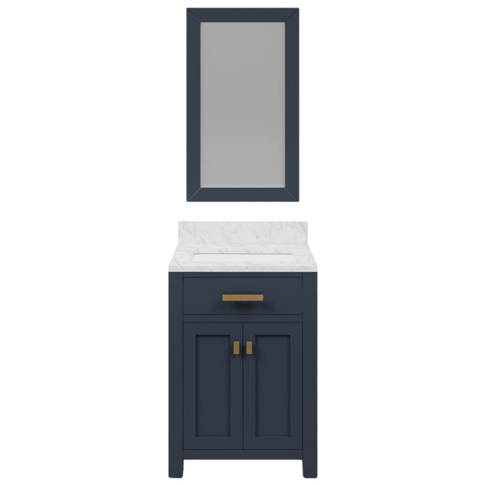 24 Inch Sloane Single Sink Carrara Marble Vanity in Monarch Blue with Soft Close Doors and Rectangular Mirror