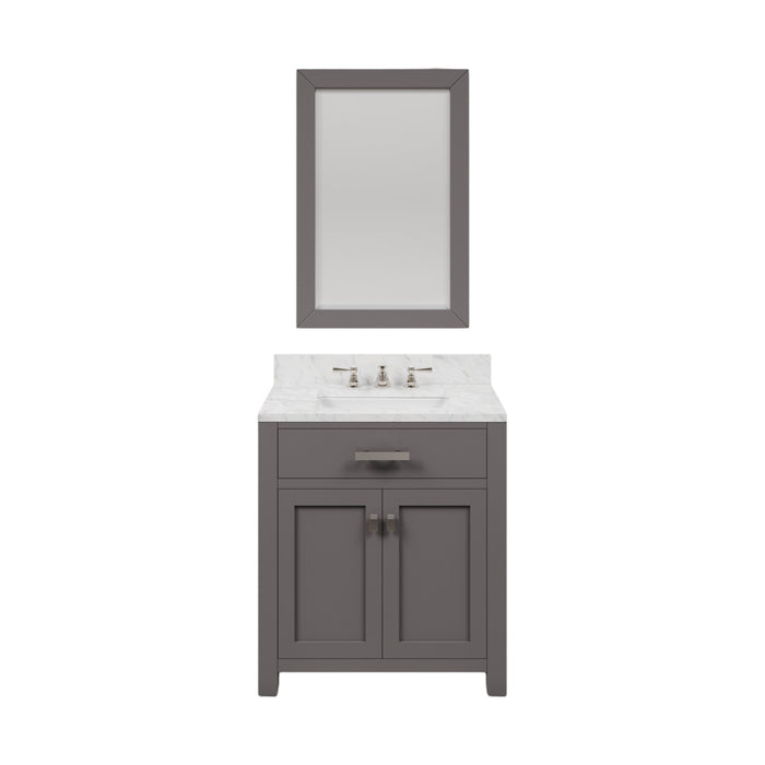 30" Trulinea Cashmere Grey Single Sink Bathroom Vanity Carrara White Marble Countertop with Chrome Faucets & Mirror