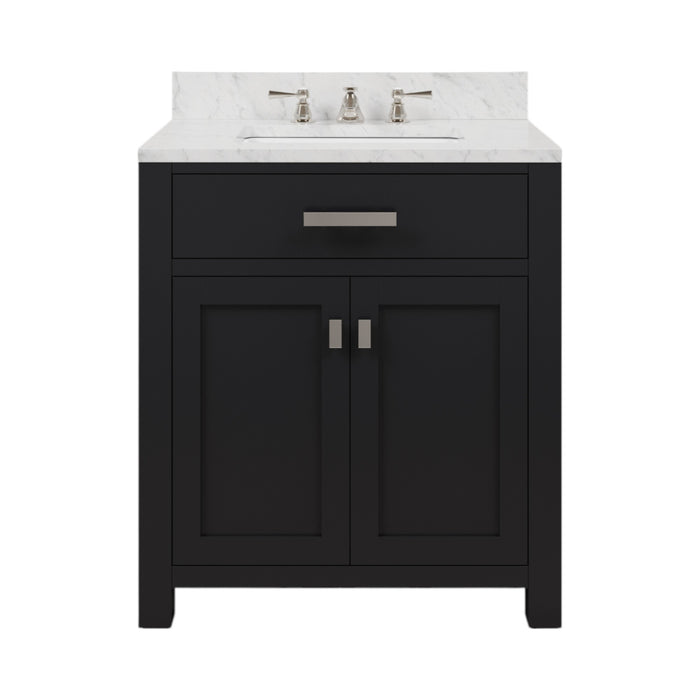 30-Inch Aspen Carrara White Marble Single Sink Bathroom Vanity - Espresso Finish with Soft-Close Doors & Chrome Faucet