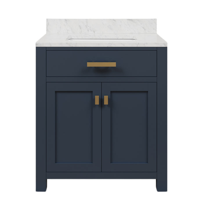 30 Inch Carrara Marble Single Sink Vanity Monterey Monarch Blue with Satin Gold Hardware