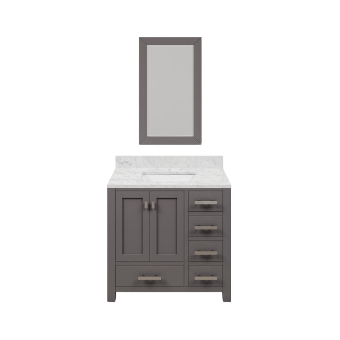 36 Inch Rose Carrara White Marble Single Sink Bathroom Vanity Cashmere Grey with Chrome Hardware and Mirror
