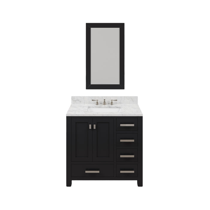 36-Inch Espresso Single Sink Ridge Bathroom Vanity with Carrara White Marble, Chrome Hardware & Rectangular Mirror