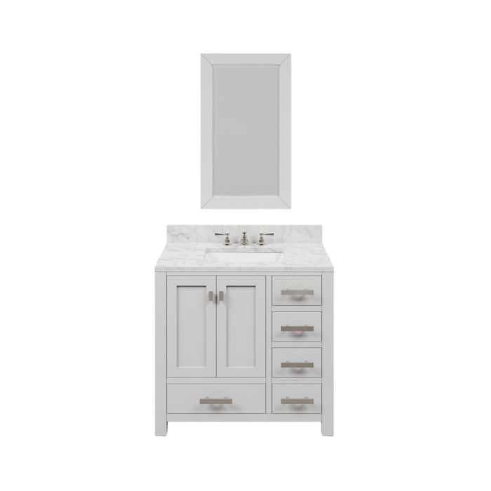 36 Inch Carrara White Marble Vivi Bathroom Vanity in Pure White Single Sink with Chrome Hardware Faucet & Mirror