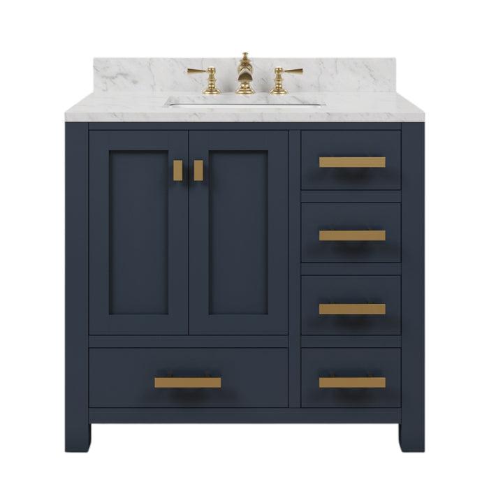36" Hardwood Foxen Single Sink Bathroom Vanity Monarch Blue with Carrara Marble Top & Satin Gold Hardware