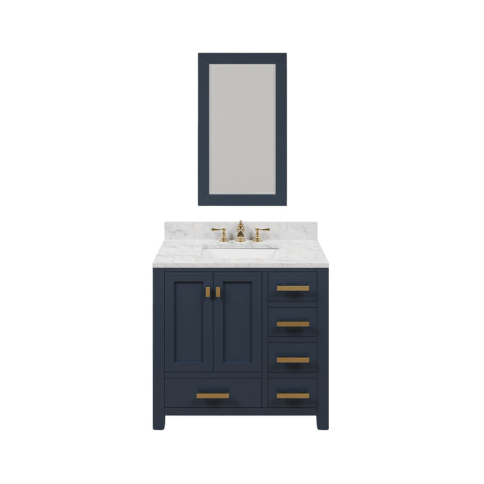 36-Inch Grove Single Sink Marble Vanity Set - Monarch Blue Bath Vanity with Rectangular Mirror & Soft-Close Drawers