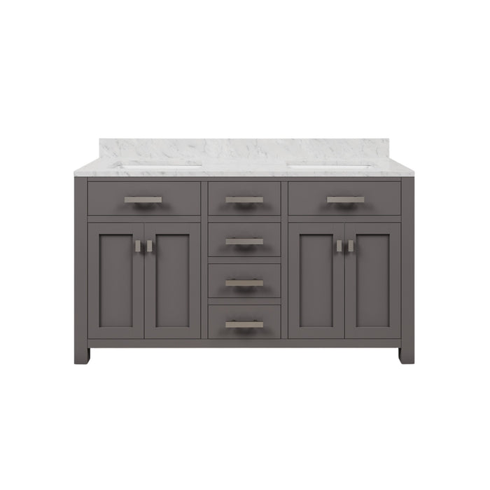 60 Inch Beck Double Sink Cashmere Grey Vanity with Carrara White Marble Top & Soft Close Drawers