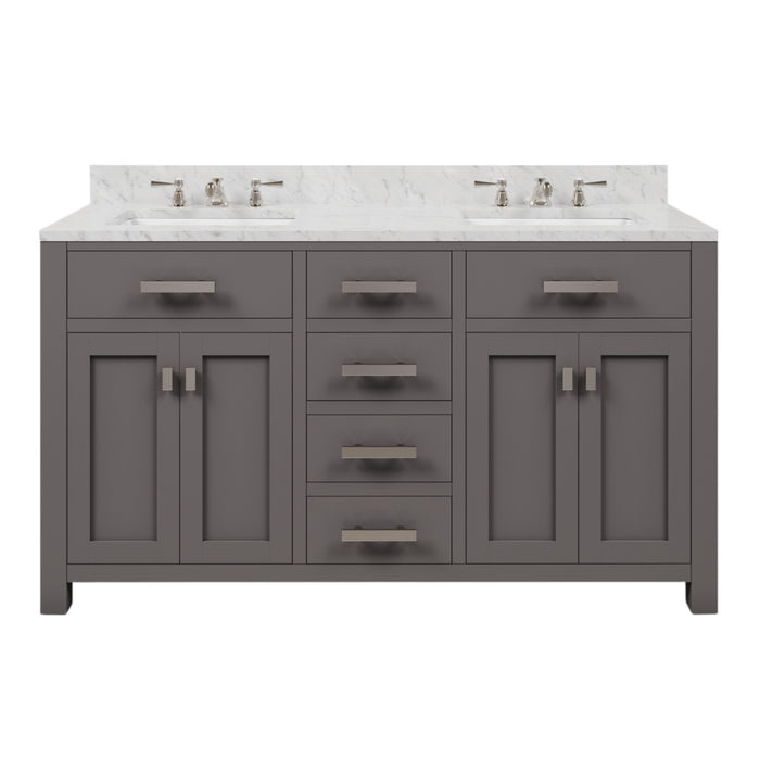 60 Inch Cashmere Grey Double Sink Ever Bathroom Vanity Carrara White Marble Chrome Faucets Included