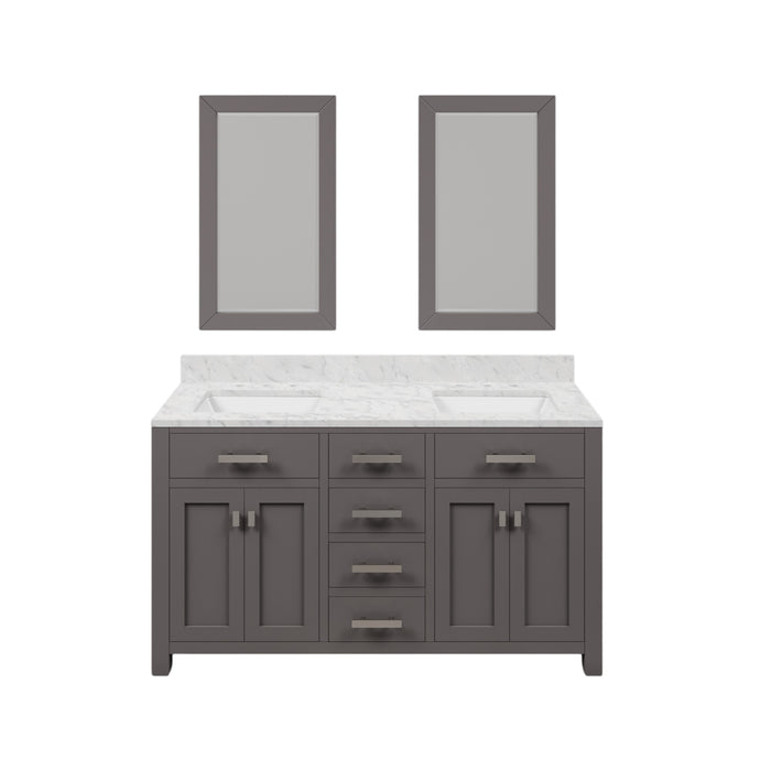 60 Inch Wind Double Sink Vanity in Cashmere Grey - Carrara Marble Top with Chrome Hardware & Rectangular Mirrors