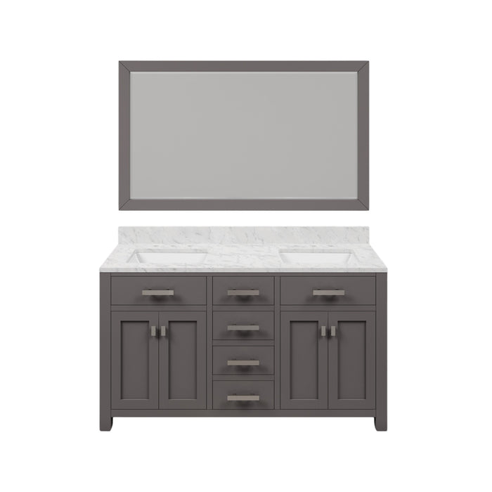 60 Inch Carrara White Marble Double Sink Thorn Bathroom Vanity Cashmere Grey with Rectangular Mirror and Backsplash