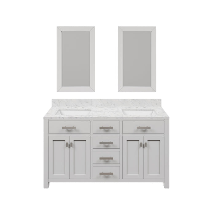 60 Inch Pure White Crest Double Bathroom Vanity Carrara Marble Top & Rectangular Mirrors