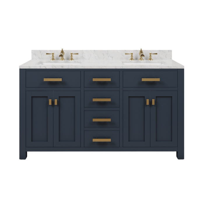 60" Mira Double Sink Hardwood Bathroom Vanity in Monarch Blue Finish - Carrara Marble Countertop with Gold Hardware