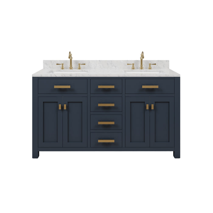 60 Inch Verde Hardwood Double Sink Vanity - Carrara White Marble Top in Monarch Blue with Gold Faucets