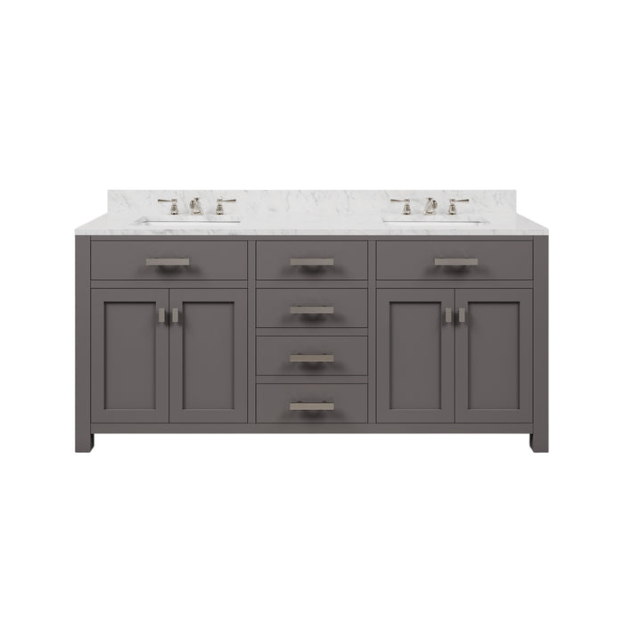 72 Inch Ocean Double Sink Cashmere Grey Bathroom Vanity with Carrara White Marble Countertop and Chrome Hardware