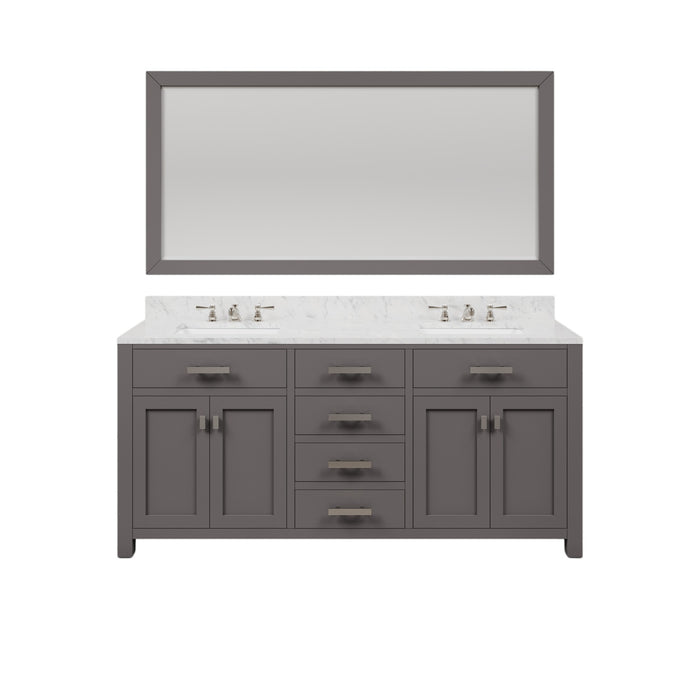 72 Inch Storm Carrara White Marble Double Sink Bathroom Vanity - Cashmere Grey Chrome Hardware with Faucets & Rectangular Mirror