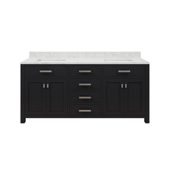 72-Inch Finesse Espresso Double Vanity Carrara Marble Top with Soft-Close Drawers & Faucets