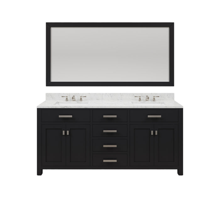 72-Inch Espresso Finlup Double Sink Vanity Carrara White Marble Top Chrome Faucets Rectangular Mirror Included