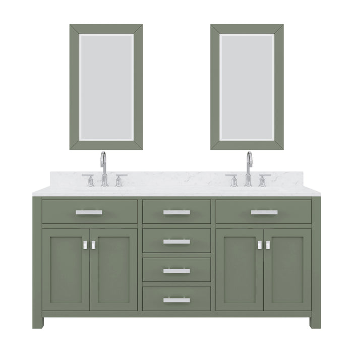 72" Parcel Double Sink Bathroom Vanity Glacial Green Hardwood with Carrara White Marble Countertop, Chrome Gooseneck Faucets & Rectangular Mirrors