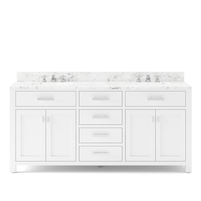 72" Gear Double Sink Vanity Carrara Marble Top Pure White Chrome Hardware Classic Faucets