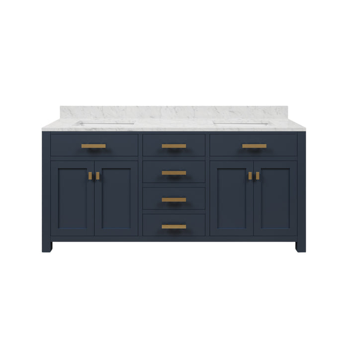 72 Inch Attain Bathroom Vanity Double Sink Carrara Marble Monarch Blue Gold Hardware
