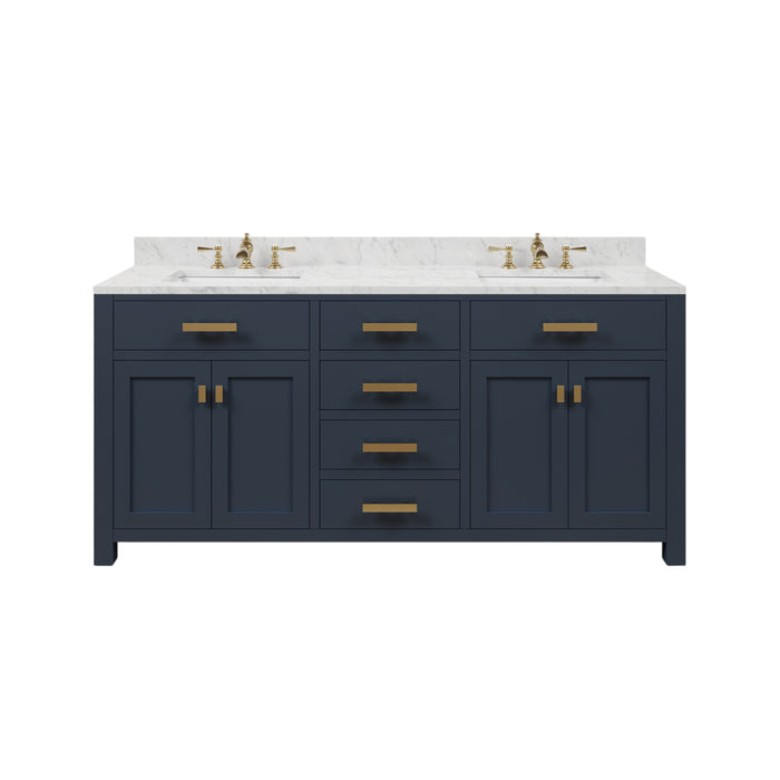 72" Maine Carrara Marble Double Sink Vanity - Monarch Blue with Satin Gold Hardware & Waterfall Faucets