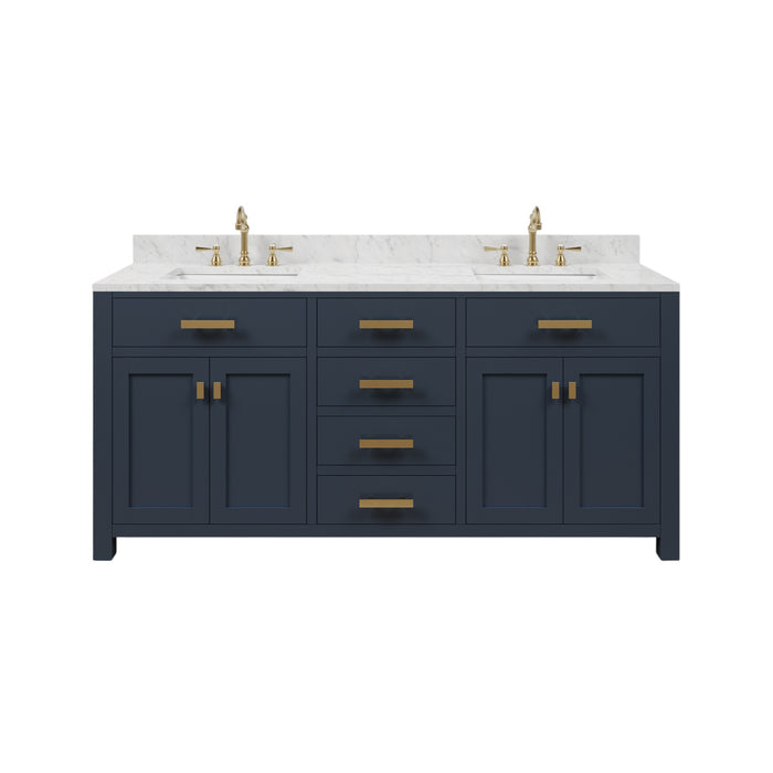 72-Inch Veer Double Sink Vanity in Monarch Blue - Carrara White Marble Top with Satin Gold Faucets Included