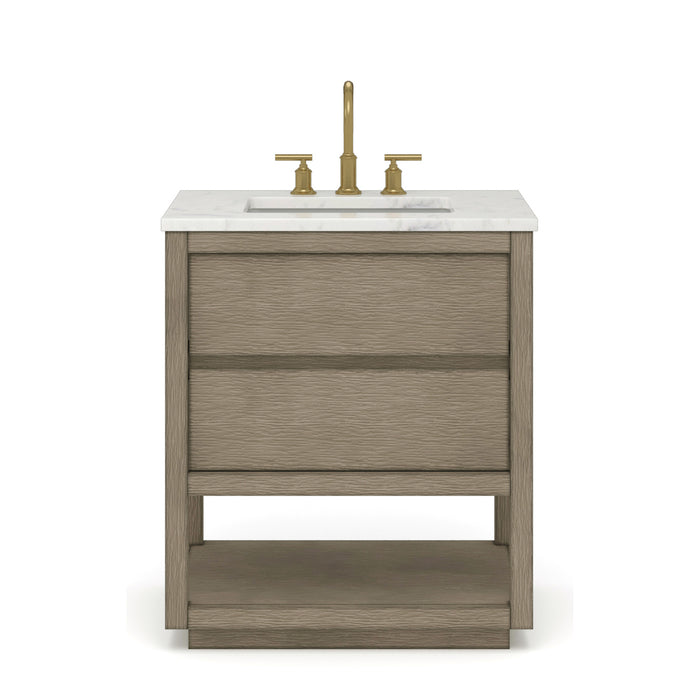 30 Inch Stealth Single Sink Vanity Grey Oak - Carrara White Marble Top with Soft Close Drawers & Gold Faucet