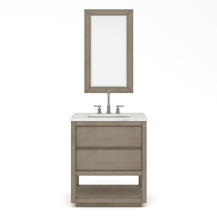30 Inch Shore Bathroom Vanity in Grey Oak with Carrara Marble Countertop, Chrome Faucet & Rectangular Mirror