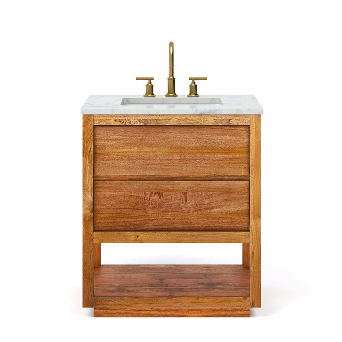 30-Inch Mango Wood Freestanding Bathroom Vanity Prospect with Carrara Marble and Satin Gold Faucet