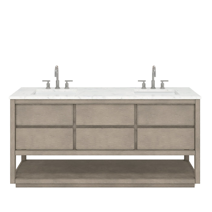 72 Inch Sector Grey Oak Double Sink Bathroom Vanity with White Carrara Marble & Chrome Faucets