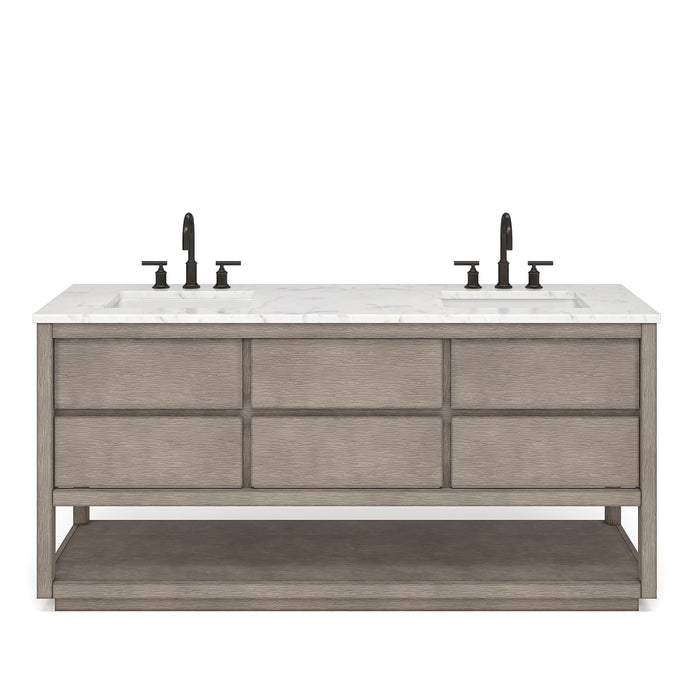 72-Inch Calibrate Grey Oak Double Bathroom Vanity with Carrara White Marble & Bronze Faucets