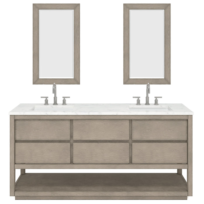 72" Grey Oak Double Bathroom Vanity Carrara White Marble Thrive with Chrome Faucets & Rectangular Mirrors
