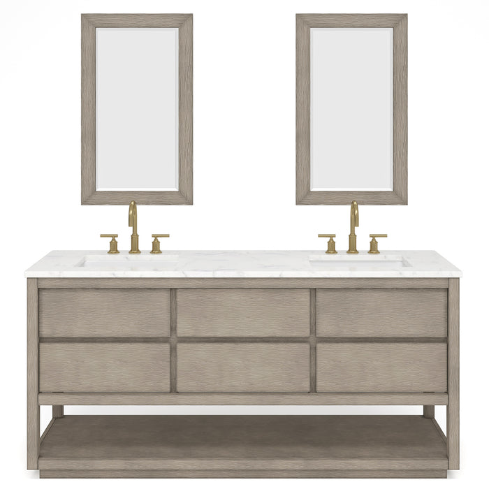 72-Inch Glimpse Grey Oak Double Sink Vanity Set with Carrara White Marble Top and Matching Mirrors