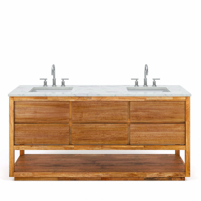 72-Inch Flourish Double Sink Mango Wood Vanity Mid-Century Modern Carrara Marble Countertop Chrome Faucets