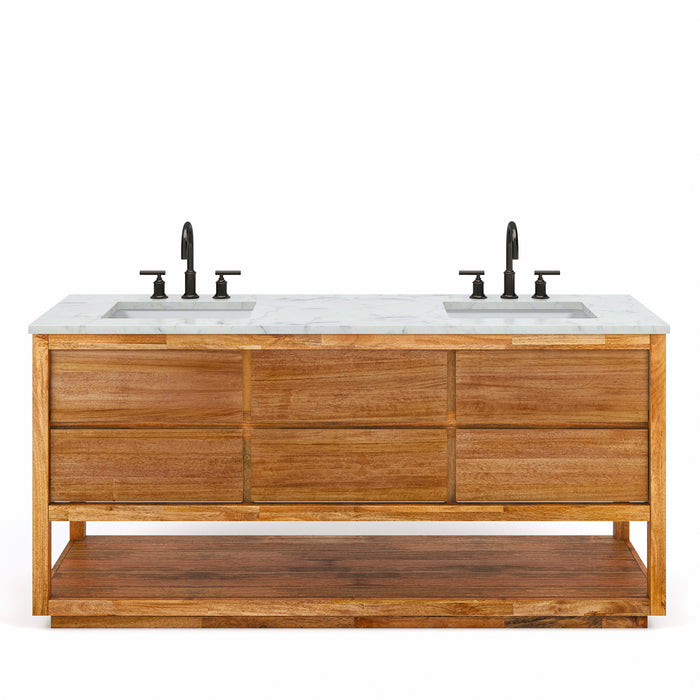72-Inch Loft Double Sink Bath Vanity - Mango Wood with Carrara White Marble & ORB Faucets
