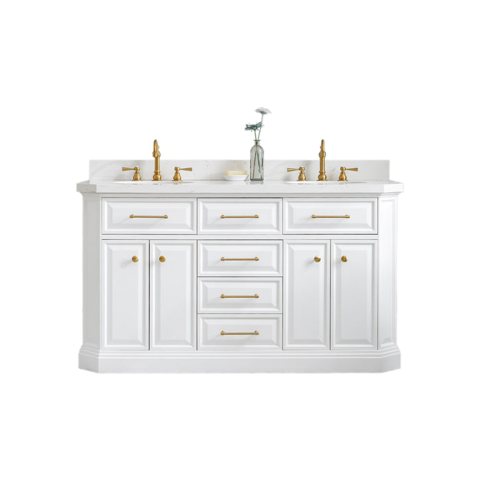 60-Inch Redeem Carrara Quartz Double Vanity – Pure White with Hook Faucets & Satin Gold Hardware