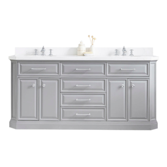 72" Grey Reprise Double Sink Vanity – Carrara Quartz Countertop & Chrome Waterfall Faucets