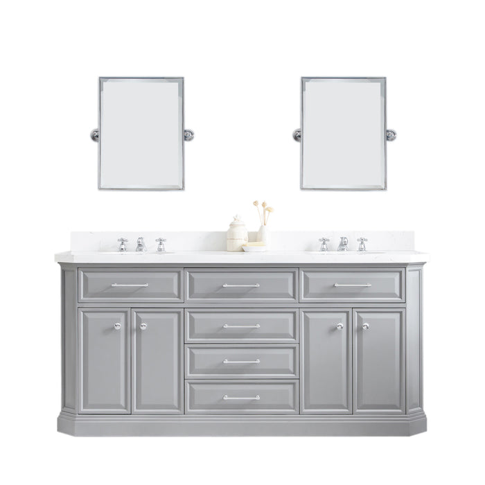 72 Inch Selena Carrara Quartz Countertop Bathroom Vanity – Dual Sinks with Chrome Fixtures & Rectangular Mirrors
