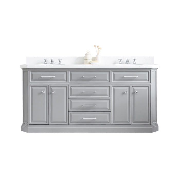 72-Inch Apext Double Sink Vanity – Grey Cabinet with Carrara Quartz, Classic Faucets & Chrome Hardware