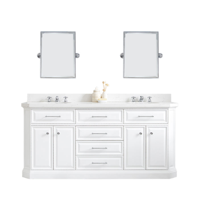 72-Inch Maverick Carrara Quartz Bath Vanity – Chrome Hardware with Classic Faucets & Pivot Mirrors