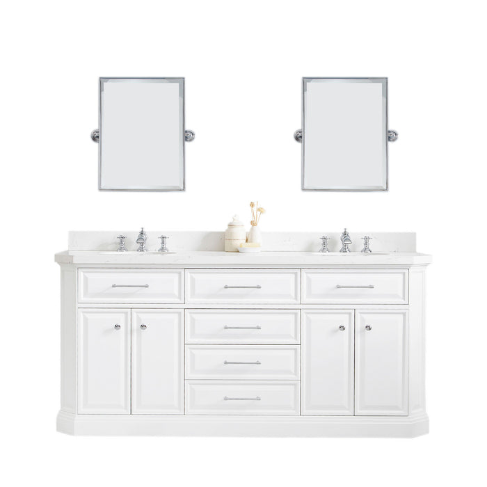 72-Inch Eudora Carrara Quartz Double Vanity – Chrome Finish with Waterfall Faucets & Pivot Mirrors