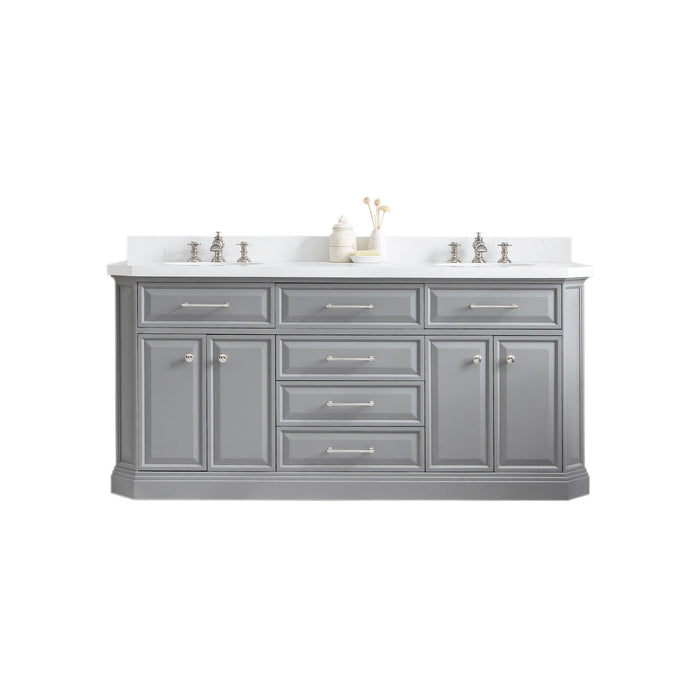 72-Inch Double Sink Cleark Vanity – Quartz Countertop with Modern Nickel Hardware & Elegant Faucets