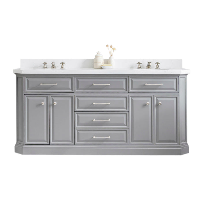 72" Penrose Cashmere Grey Vanity – Carrara Quartz Countertop & Polished Nickel Handles