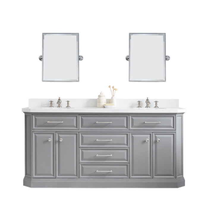 72-Inch Wellspring Quartz Countertop Bathroom Vanity in Cashmere Grey - Polished Hardware & Rectangular Pivot Mirrors