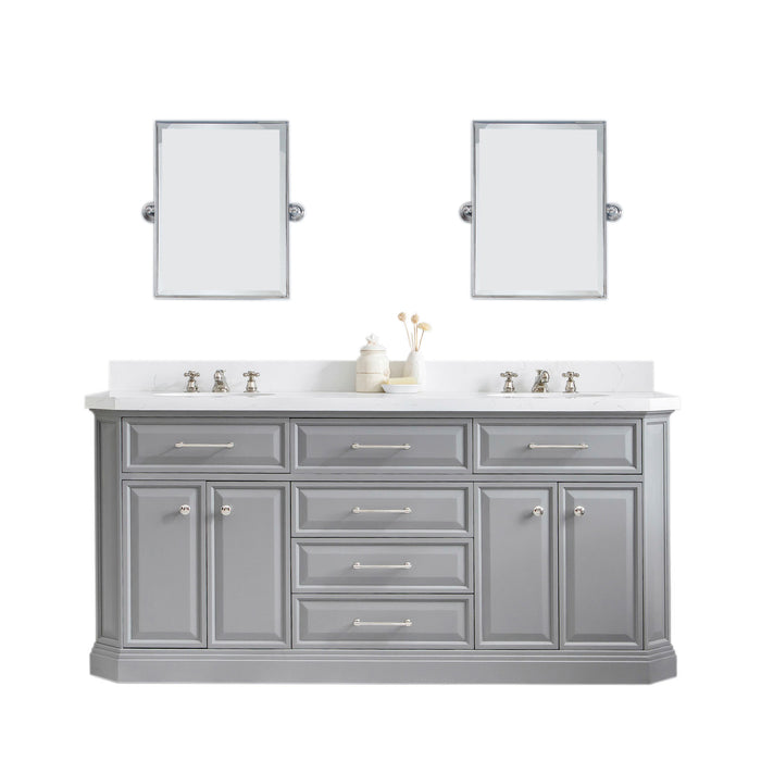 72-Inch Juxtapose Cashmere Grey Double Sink Vanity – Quartz Top with Nickel Hardware & Classic Faucet Set