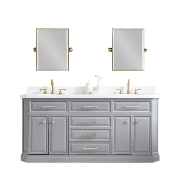 72-Inch Elysian Cashmere Grey Quartz Top Double Vanity – Gold Hardware & Pivot Mirrors