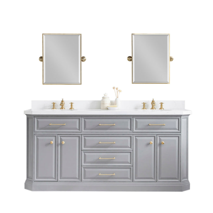 72-Inch Contour Quartz Top Double Sink Vanity – Satin Gold Hardware with Mirrors