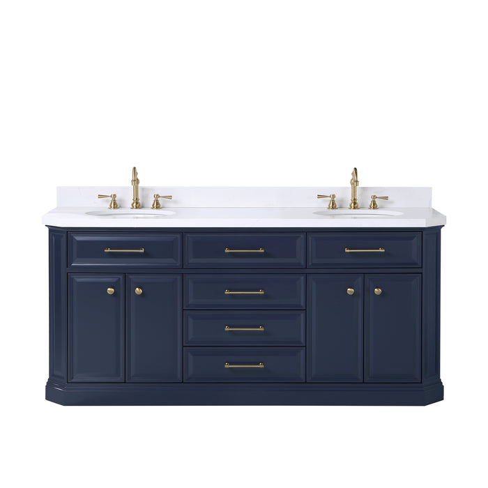 72-Inch Daylight Quartz Top Double Sink Vanity – Gold Accents with Hook Faucets